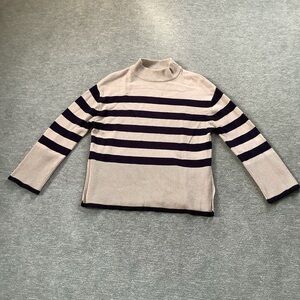 Zesica Striped Mockneck Preppy Women's Sweater - Navy and Tan Sz. L